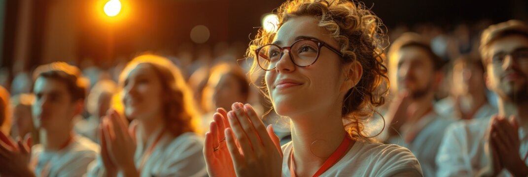 Audience clapping hands at a conference. Engaged crowd appreciating a speaker with applause at an inspiring event. Motivated and captivated attendees.