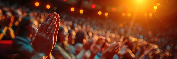 Audience clapping in a vibrant theater setting with warm lighting on stage, creating an atmosphere of celebration and appreciation.