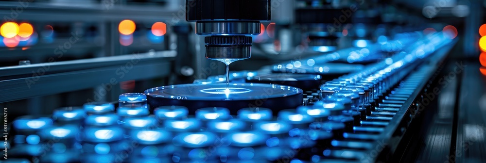 Poster automated manufacturing process with robotic machinery. high-tech production line with precision equ