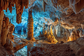Generative ai on theme of a large beautiful sharp stalactites hanging down from deep mountain cave
