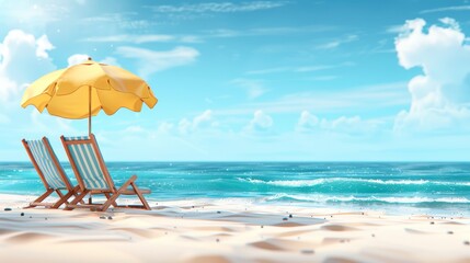  A pair of chairs beneath an umbrella on a sandy beach, near the ocean, under a sunny blue sky dotted with fluffy white clouds