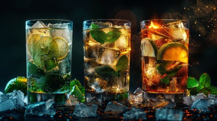  Three glasses of ice tea, each adorned with mint and lemon slices, rest on a dark table Ice cubes chill within Green leaves border the glasses