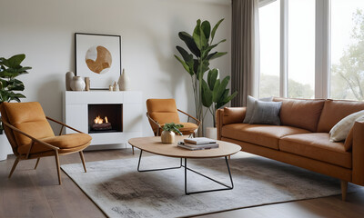 Enjoying a chic living room with a warm fireplace, inviting furnishings, and abundant natural light pouring in from the windows