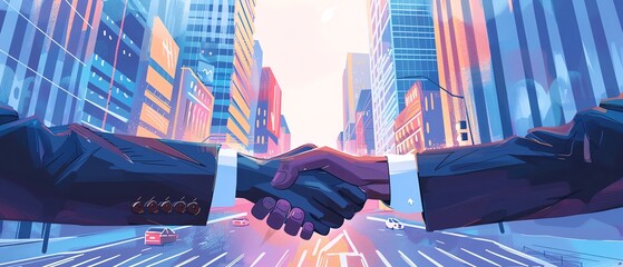 Businessmen shaking hands with a city view, showing highrise buildings and a bustling street