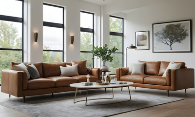 Relax in a chic living room with natural light, luxurious leather couches, a modern coffee table, and captivating artwork