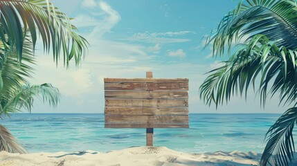 Showcase the charm of seaside getaways with an image capturing an empty wooden signboard nestled amidst palm fronds on a tropical beach, offering a picturesque setting for advertising.