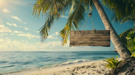 Capture the spirit of adventure with a stock photo featuring an empty wooden signboard hanging from a palm tree on a remote tropical beach.