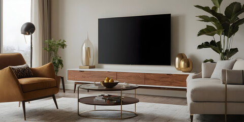 Showcasing a modern living room with stylish design, featuring a large television, comfortable seating, and elegant decor to create a cozy and inviting atmosphere