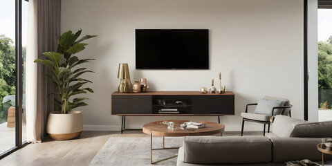 Relaxing in a chic living space, unwinding on a cozy sofa with a spacious television hanging on the wall