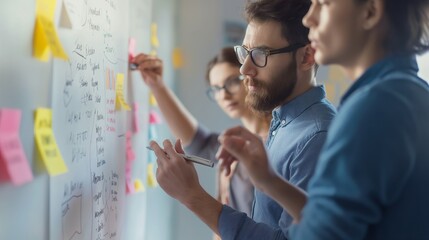 Two professionals carefully assessing project plans using sticky notes on a wall for a strategic planning session