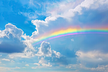 Generative ai on theme of beautiful tranquil landscape with magical bright rainbow at cloudy sky
