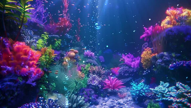 ecosystem and biosystem of the seabed in a neon glow underwater. seamless looping overlay 4k virtual video animation background