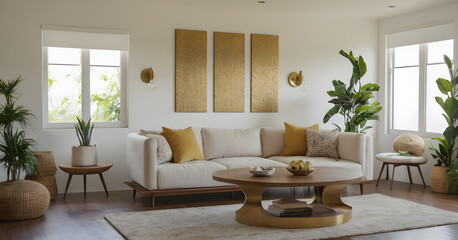 Fototapeta premium Enjoying a serene and inviting atmosphere in a modern living room, surrounded by warm metallics and lush greenery as natural light streams in