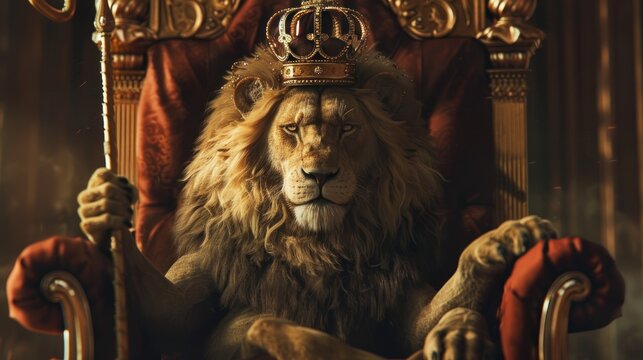 The lion king wears a crown and scepter sitting on a royal chair. generative AI image
