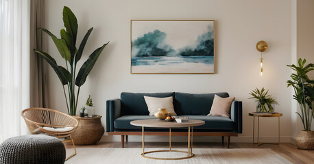 Creating a relaxed and stylish atmosphere with a blue velvet sofa, tropical houseplants, and a large painting in an inviting living room