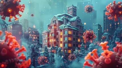 A stylized 3D illustration of a hospital building surrounded by virus particles, representing the challenges faced by healthcare systems in addressing public health crises.