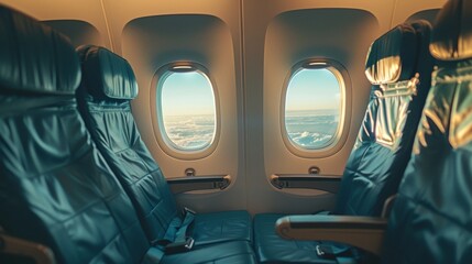 Close-up view of an empty plane seat, showcasing the details of the upholstery, safety features, and window view in a calm cabin