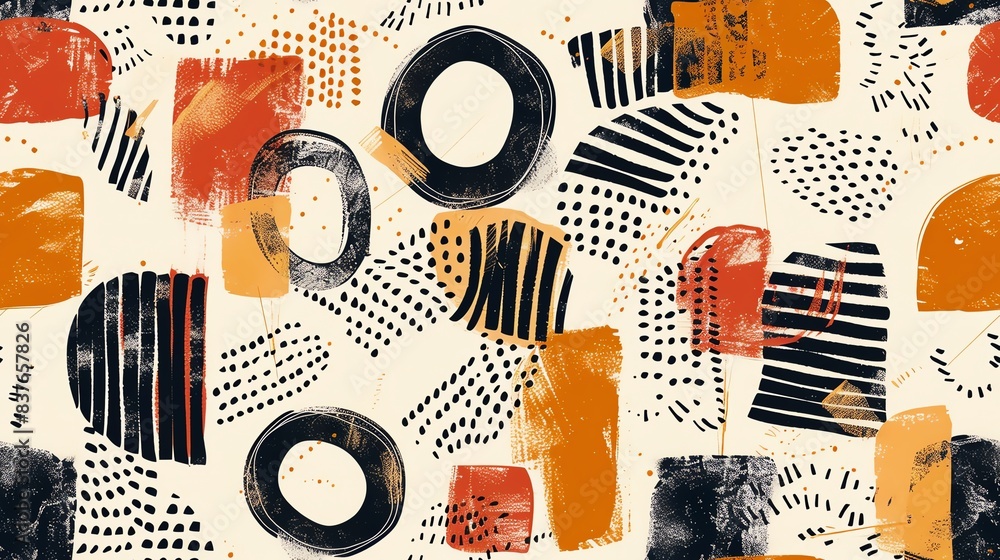 Poster seamless pattern of block print abstract shapes and textures, showcasing a creative and contemporary