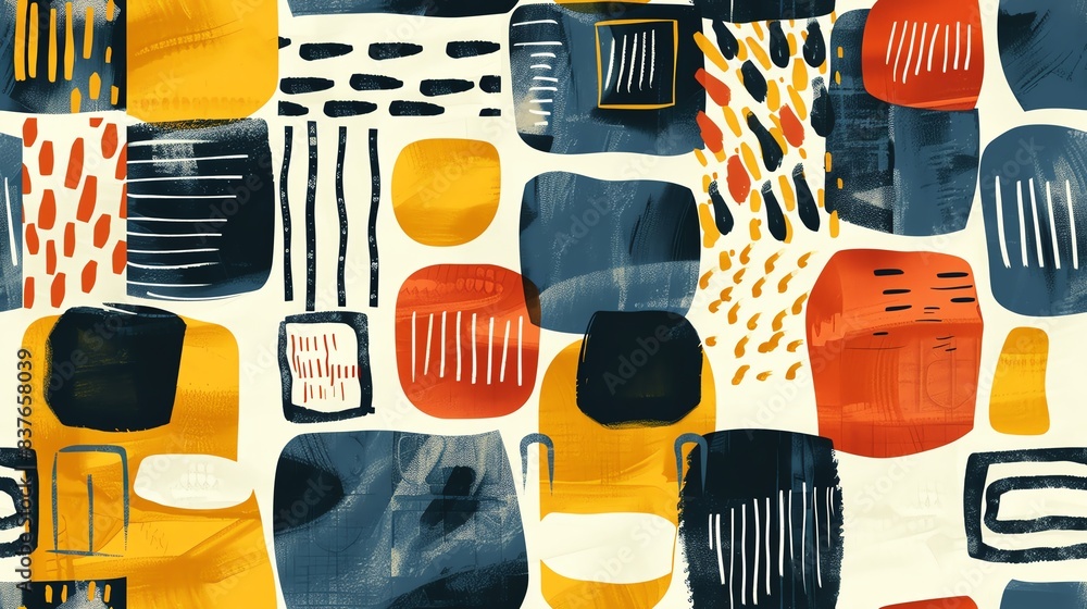 Poster seamless pattern of block print abstract shapes and textures, showcasing a creative and contemporary