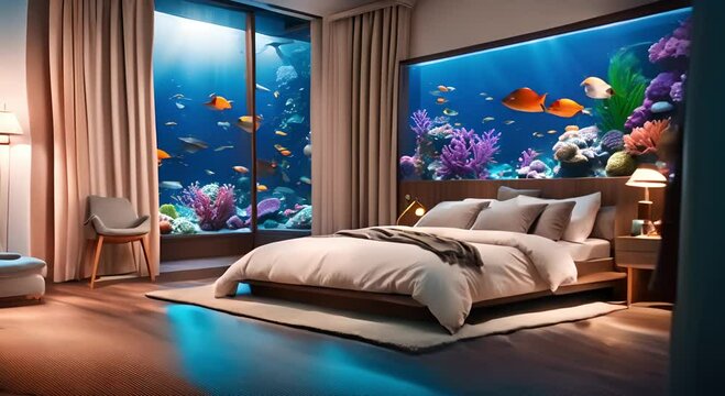 Cozy bedroom with a large aquarium on the wall and colorful fish