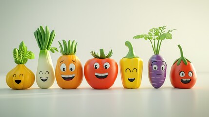 Cute cartoon 3D happy vegetables smiling collection with studio background