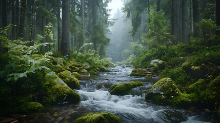 Obraz premium Tranquil Mountain Stream Winding Through Lush Mossy Forest Scenery with Cascading Waters and Natural Serenity