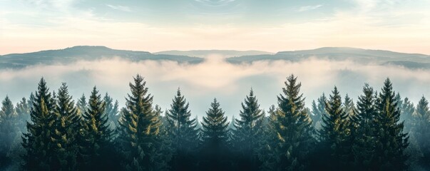 Amazing fog landscape in black forest panorama banner long, Generative AI