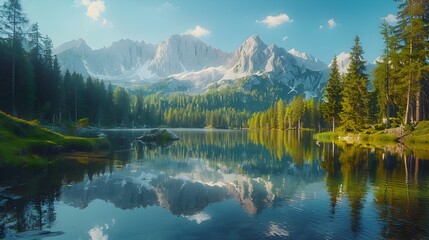 Naklejka premium Serene Mountain Landscape with Mirrored Lake and Surrounding Peaks and Forests