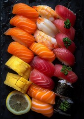 Nigiri Sushi - Hand-pressed sushi rice topped with various slices of fish. 