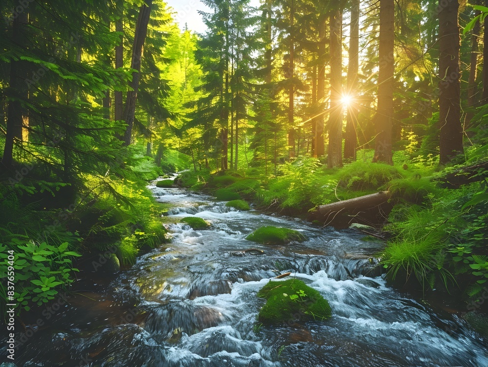 Poster lush green forest with flowing mountain stream and sunlight filtering through the trees