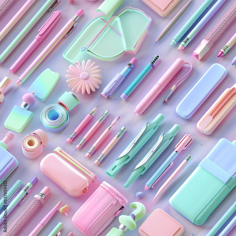Aufkleber pastel-colored school supplies in a seamless 3d render, organized in rows and lying flat on the grou