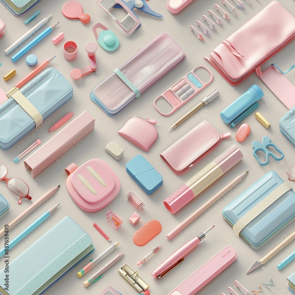 Aufkleber soft-hued 3d render of school supplies in pastel colors, arranged in a seamless pattern with items a