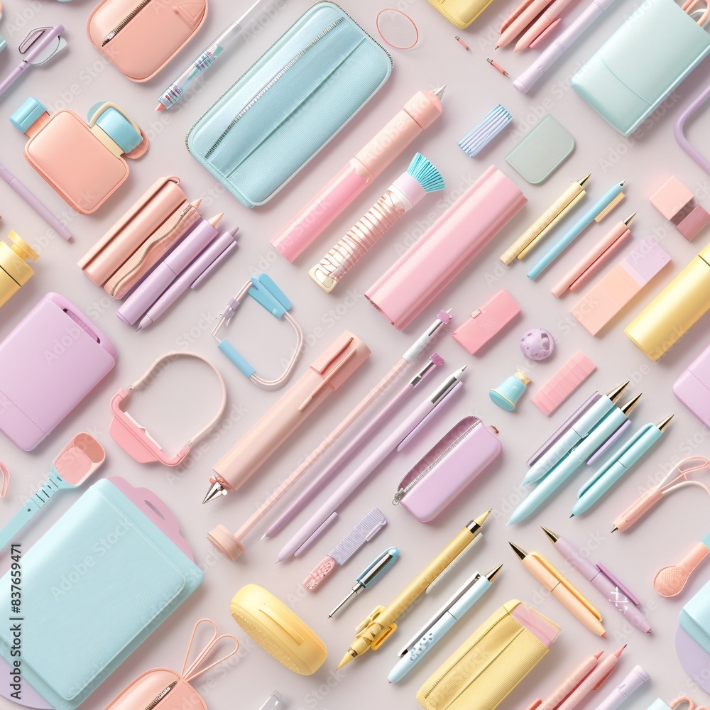 Aufkleber soft-hued 3d render of school supplies in pastel colors, arranged in a seamless pattern with items a
