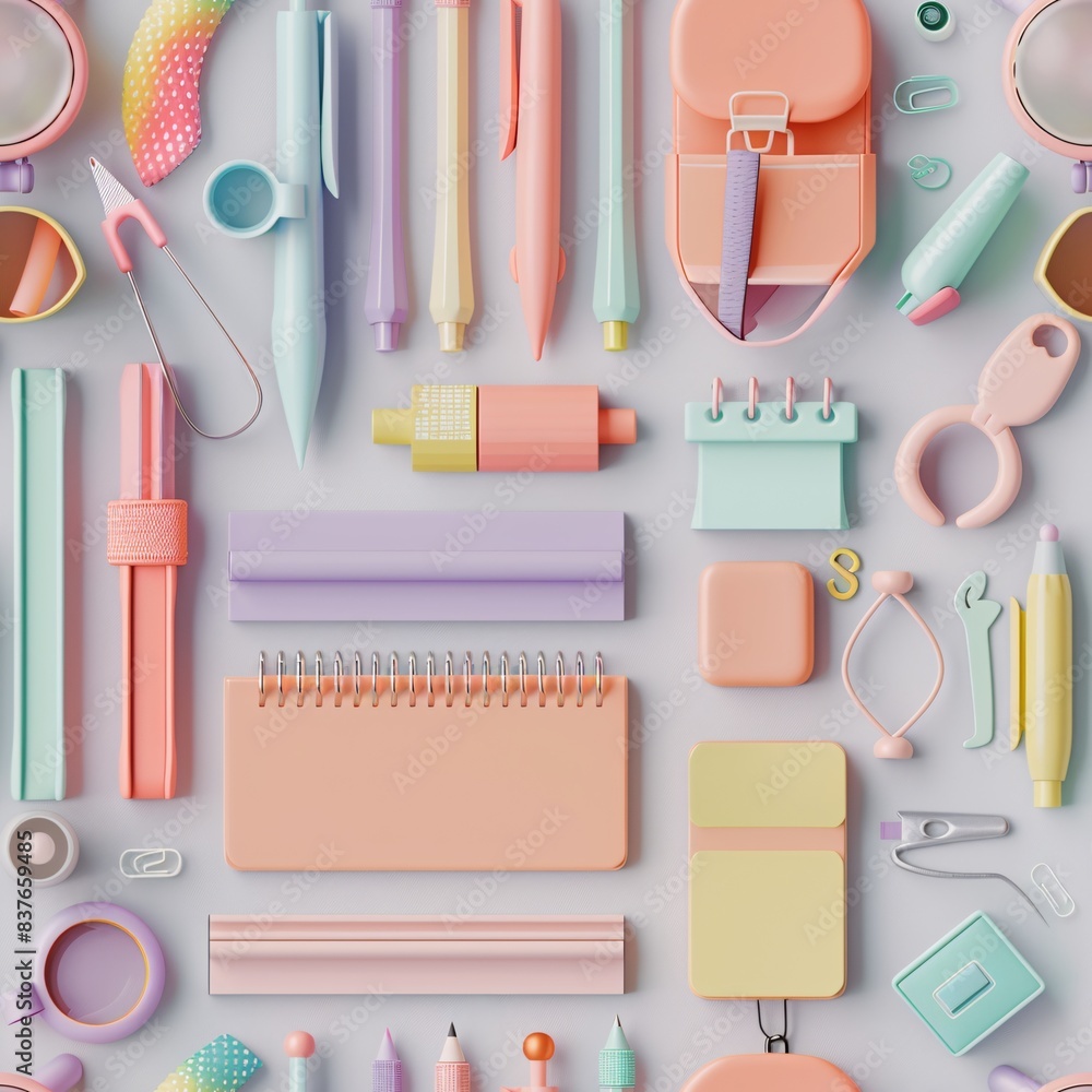 Aufkleber soft-hued 3d render of school supplies in pastel colors, arranged in a seamless pattern with items a