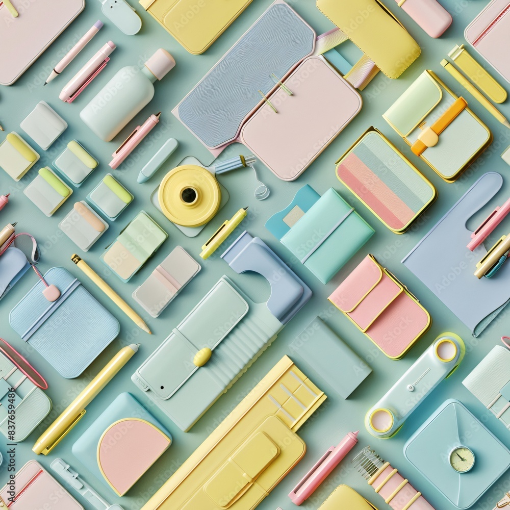 Aufkleber pastel-colored school supplies in a seamless 3d render, organized in rows and lying flat on the grou