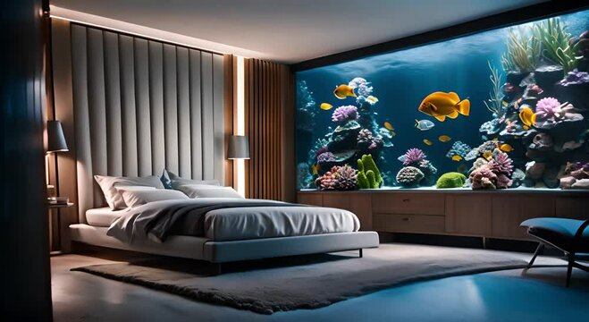 Cozy bedroom with a large aquarium on the wall and colorful fish