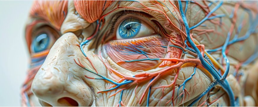 Close up of an anatomical model of a human face showing nerves and veins, highlighting detailed facial structure and blue eyes.