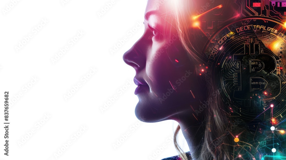 Poster ai professional's side profile in double exposure, highlighting bitcoin and blockchain technology in