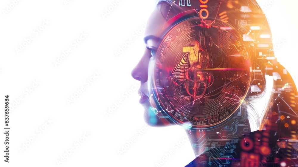Aufkleber ai professional's side profile in double exposure, highlighting bitcoin and blockchain technology in