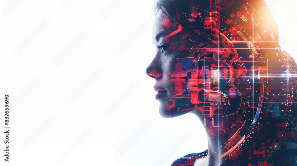 Poster ai professional's side profile in double exposure, highlighting bitcoin and blockchain technology in