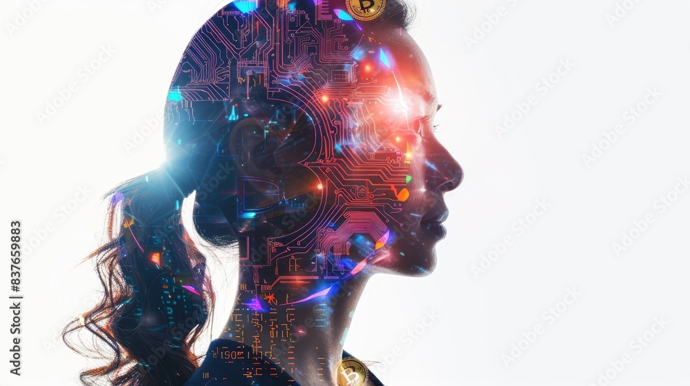 Aufkleber ai professional's side profile with double exposure of bitcoin logo and colorful blockchain elements