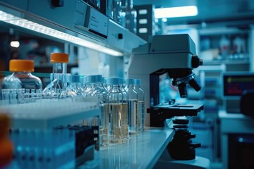 Modern laboratory interior with scientific equipment and glassware. Research lab environment.