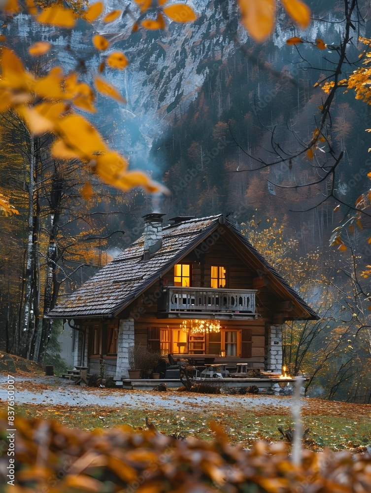 Sticker Cozy Mountain Cabin Surrounded by Vibrant Autumn Foliage with Glowing Firelight