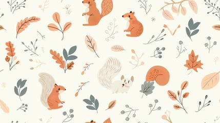 Naklejka premium Soft pastel-colored seamless pattern with hand-drawn leaves, small flowers, and squirrels, showcasing a harmonious and whimsical design