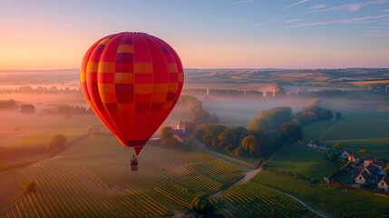 A hot air balloon soaring over a picturesque vineyard at dawn,