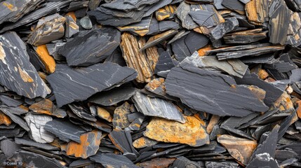  A tight shot of a stack of black and yellow rocks, displaying rust atop and base The rocks' undersides are also rusted