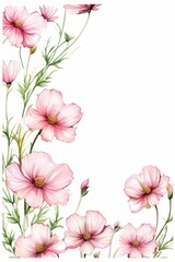 Fototapeta premium cosmos themed frame or border for photos and text. with delicate pink and white flowers. watercolor illustration, white color background. 