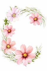 Fototapeta premium cosmos themed frame or border for photos and text. with delicate pink and white flowers. watercolor illustration, white color background. 