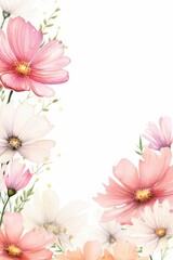cosmos themed frame or border for photos and text. with delicate pink and white flowers. watercolor illustration, white color background. 
