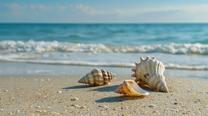 Obraz premium Showcase the simplicity and beauty of coastal living with a photo featuring an empty sand beach adorned with shells, set against the expansive horizon of a summer sea.